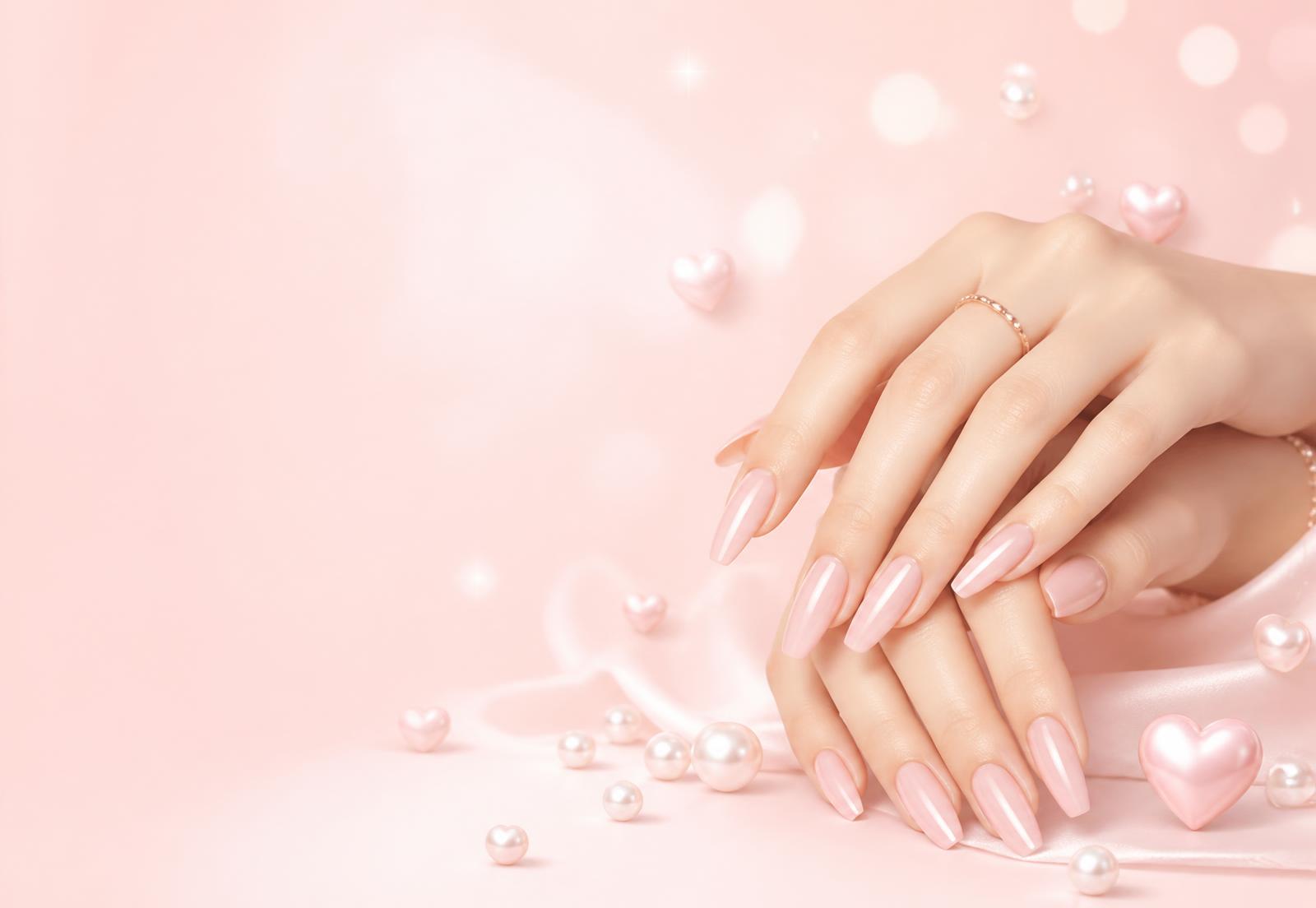 Hands with glossy pale pink press-on nails surrounded by pearls
